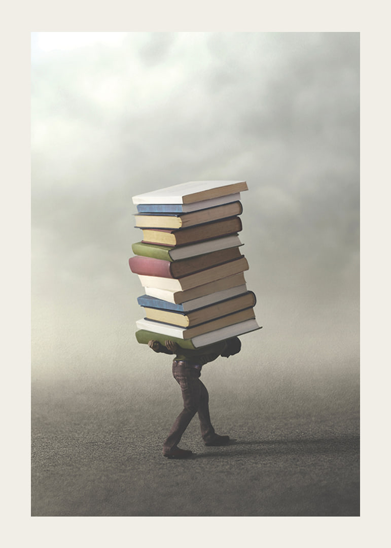 Surreal illustration of person carrying pile of books-12