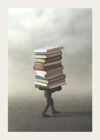 Surrealistisk illustration av person som bär hög med böcker-3