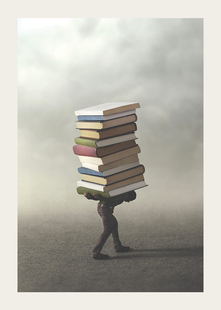 Surrealistisk illustration av person som bär hög med böcker-12