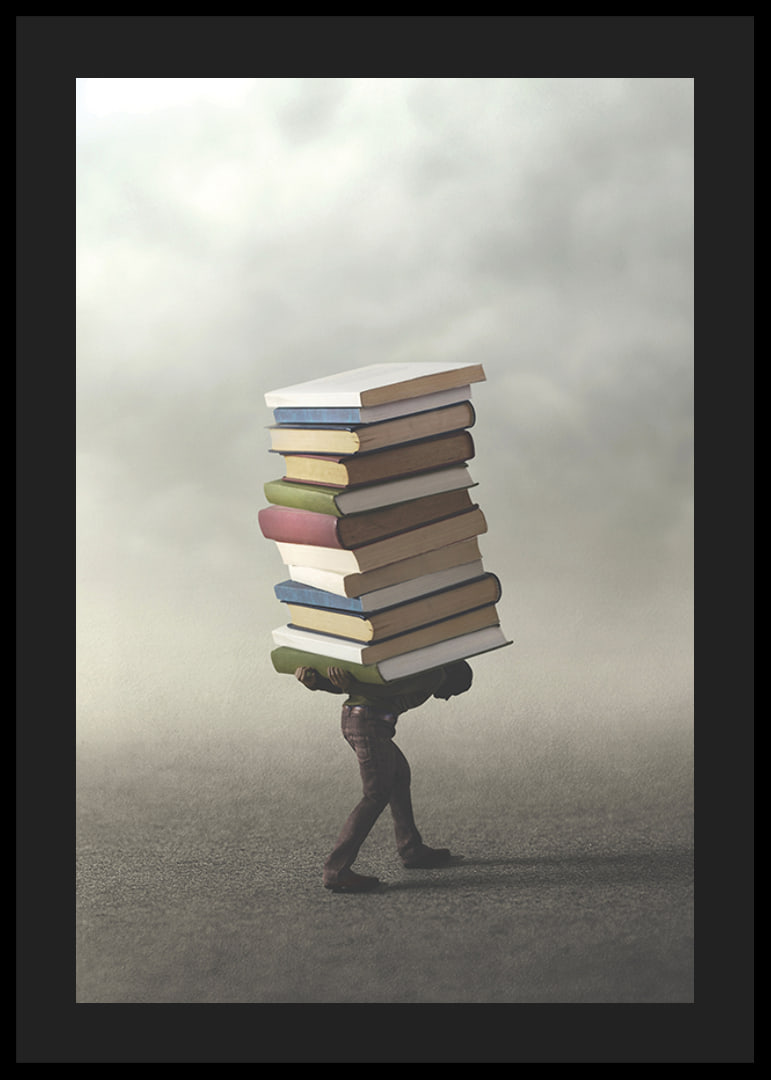 Surreal illustration of person carrying pile of books-12