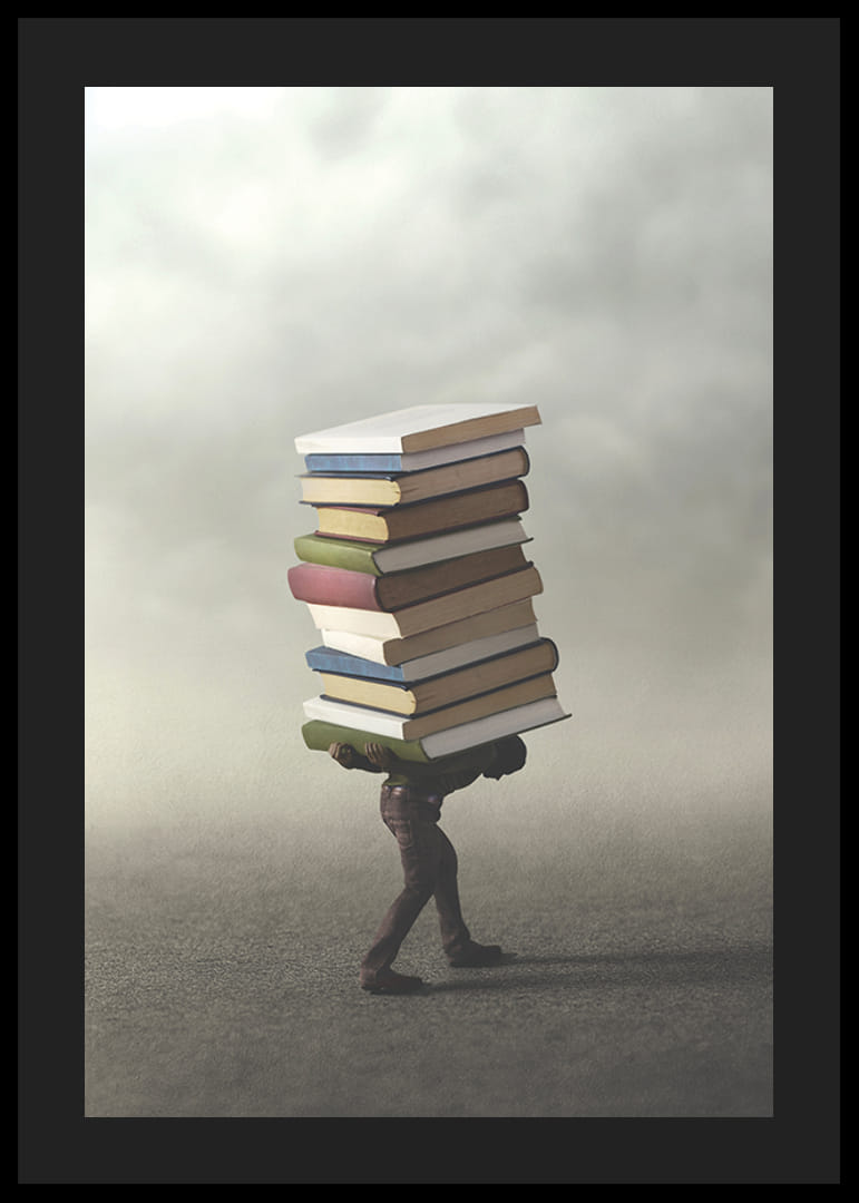 Surrealistisk illustration av person som bär hög med böcker-12