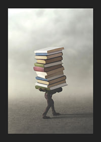 Surreal illustration of person carrying pile of books-5