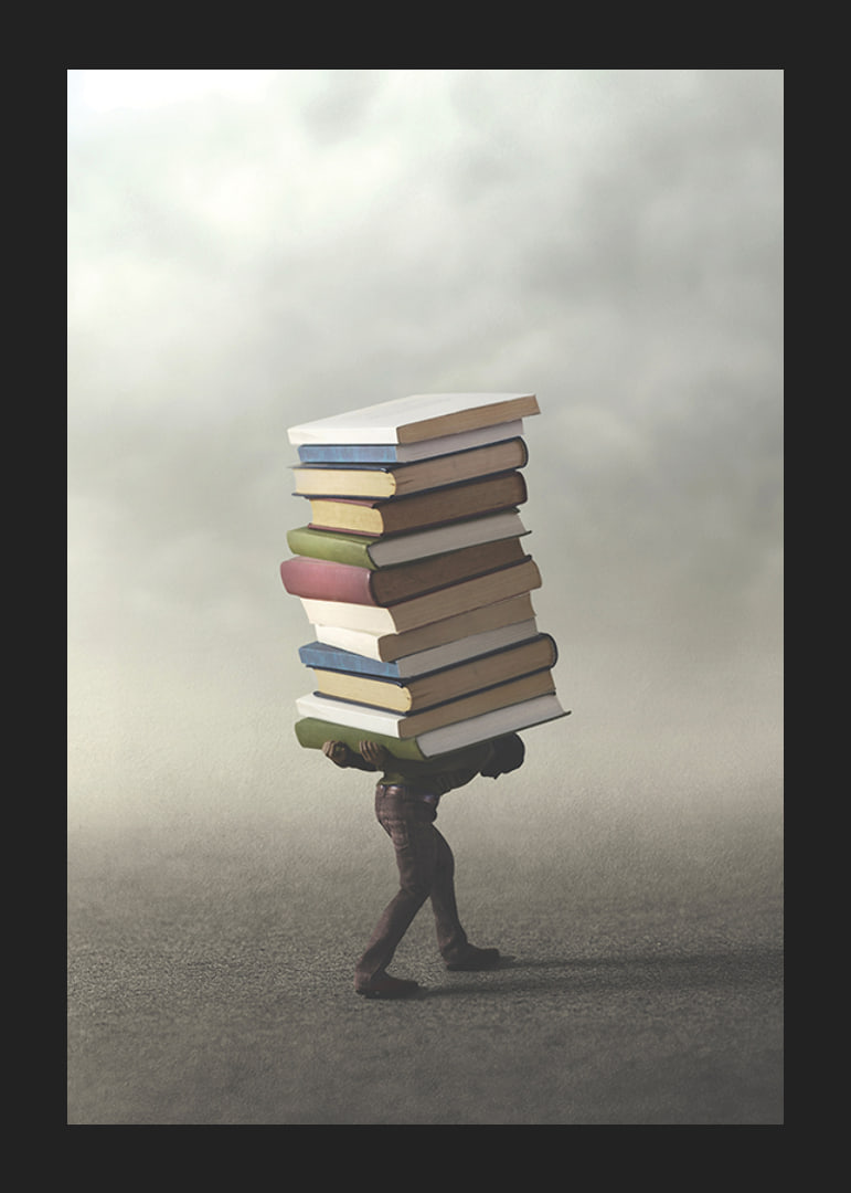 Surreal illustration of person carrying pile of books-12