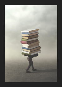 Surrealistisk illustration av person som bär hög med böcker-5