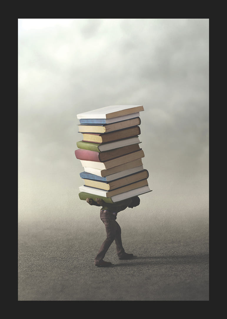 Surrealistisk illustration av person som bär hög med böcker-12