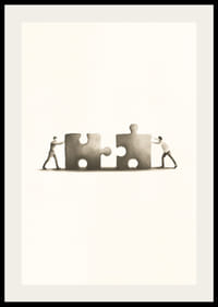 Twee mensen schuiven puzzelstukjes in elkaar, illustratie in beige-2