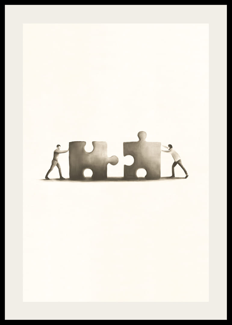 Twee mensen schuiven puzzelstukjes in elkaar, illustratie in beige-12