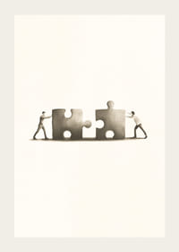 Twee mensen schuiven puzzelstukjes in elkaar, illustratie in beige-3