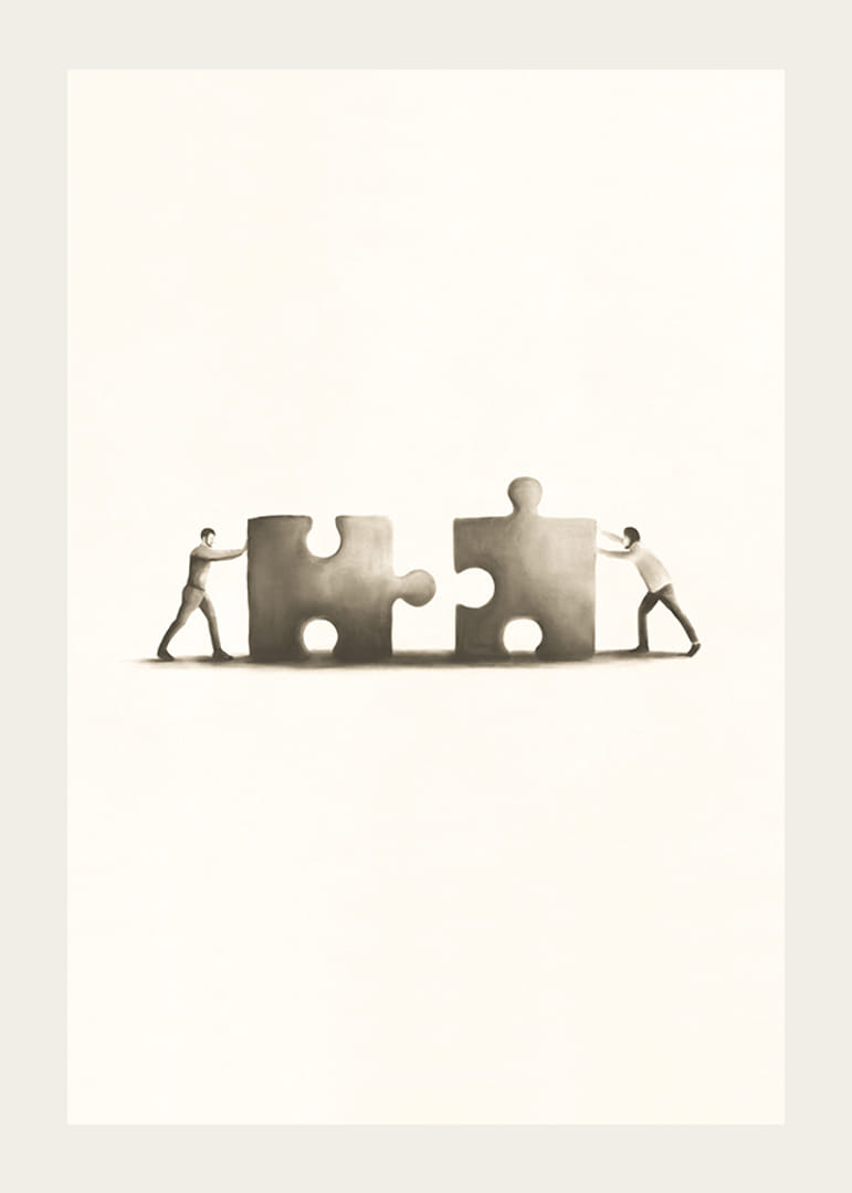 Twee mensen schuiven puzzelstukjes in elkaar, illustratie in beige-12