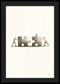 Twee mensen schuiven puzzelstukjes in elkaar, illustratie in beige-4