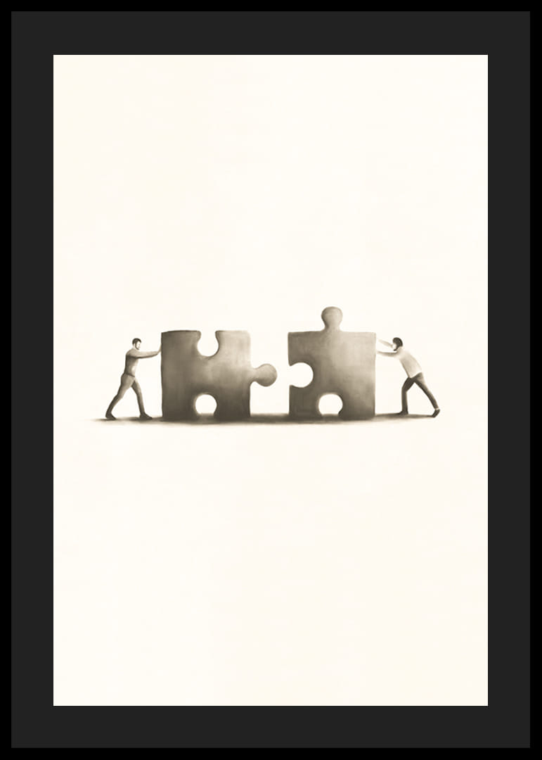 Twee mensen schuiven puzzelstukjes in elkaar, illustratie in beige-12