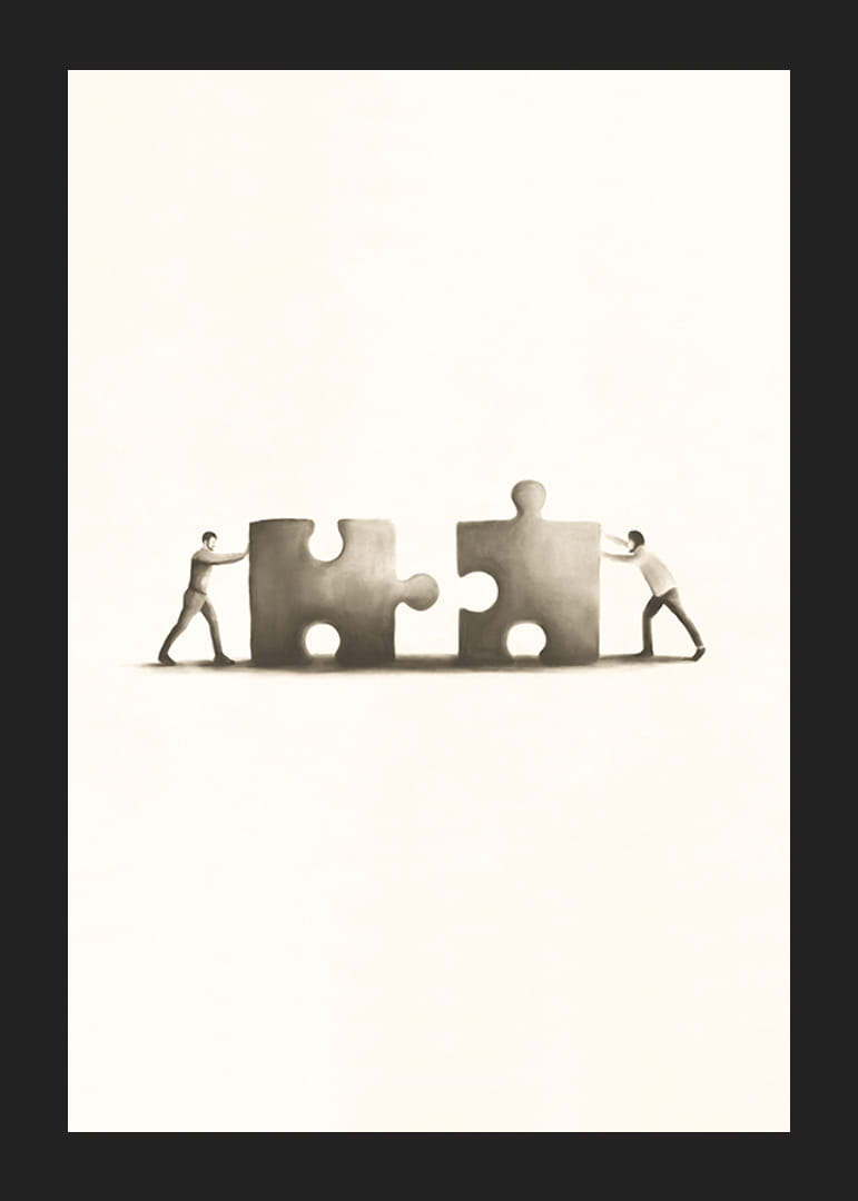 Twee mensen schuiven puzzelstukjes in elkaar, illustratie in beige-12