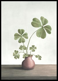 Illustration of four-leaf clover plant in pink vase against light background-6