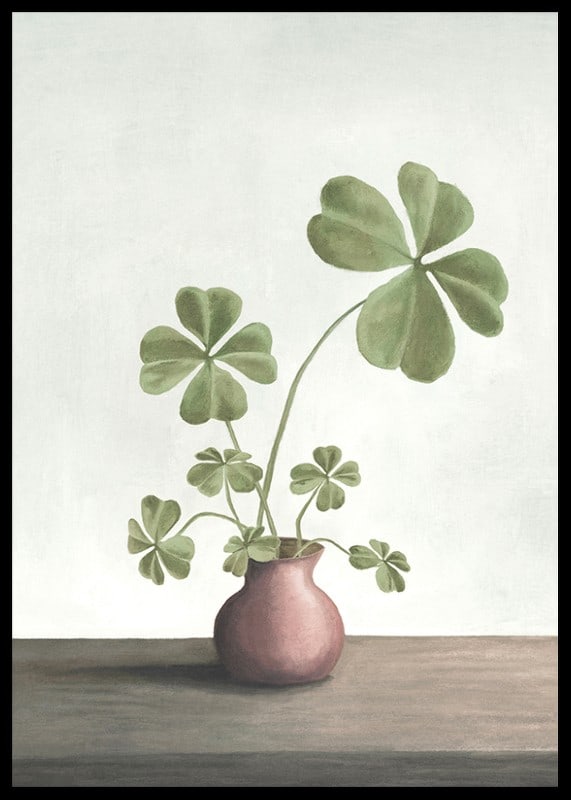 Illustration of four-leaf clover plant in pink vase against light background-12