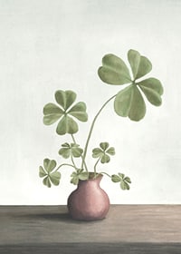 Illustration of four-leaf clover plant in pink vase against light background-7