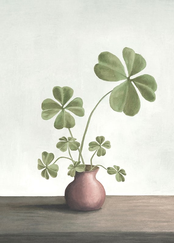 Illustration of four-leaf clover plant in pink vase against light background-12