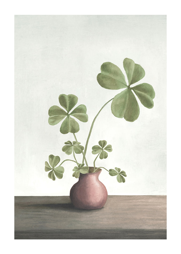 Illustration of four-leaf clover plant in pink vase against light background-12