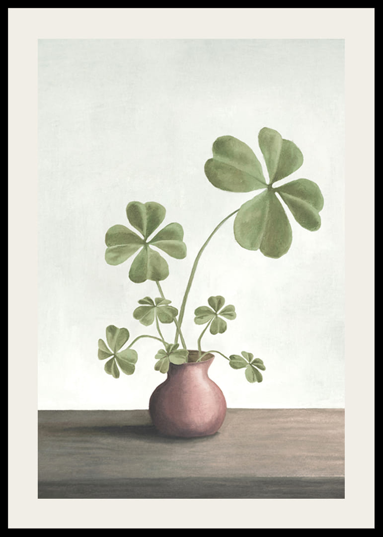 Illustration of four-leaf clover plant in pink vase against light background-12