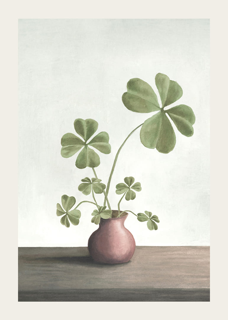 Illustration of four-leaf clover plant in pink vase against light background-12