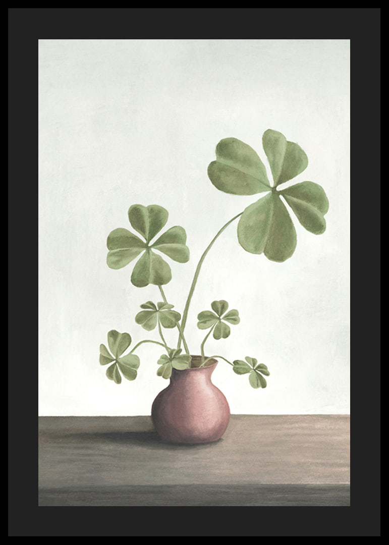 Illustration of four-leaf clover plant in pink vase against light background-12