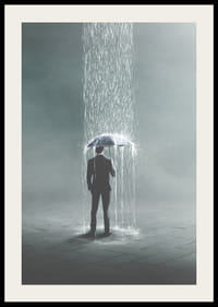 Ilustración surrealista de un hombre con paraguas bajo una fuerte lluvia.-2