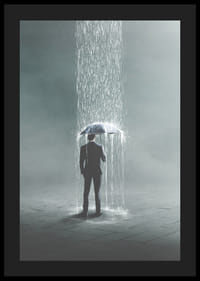 Ilustración surrealista de un hombre con paraguas bajo una fuerte lluvia.-4