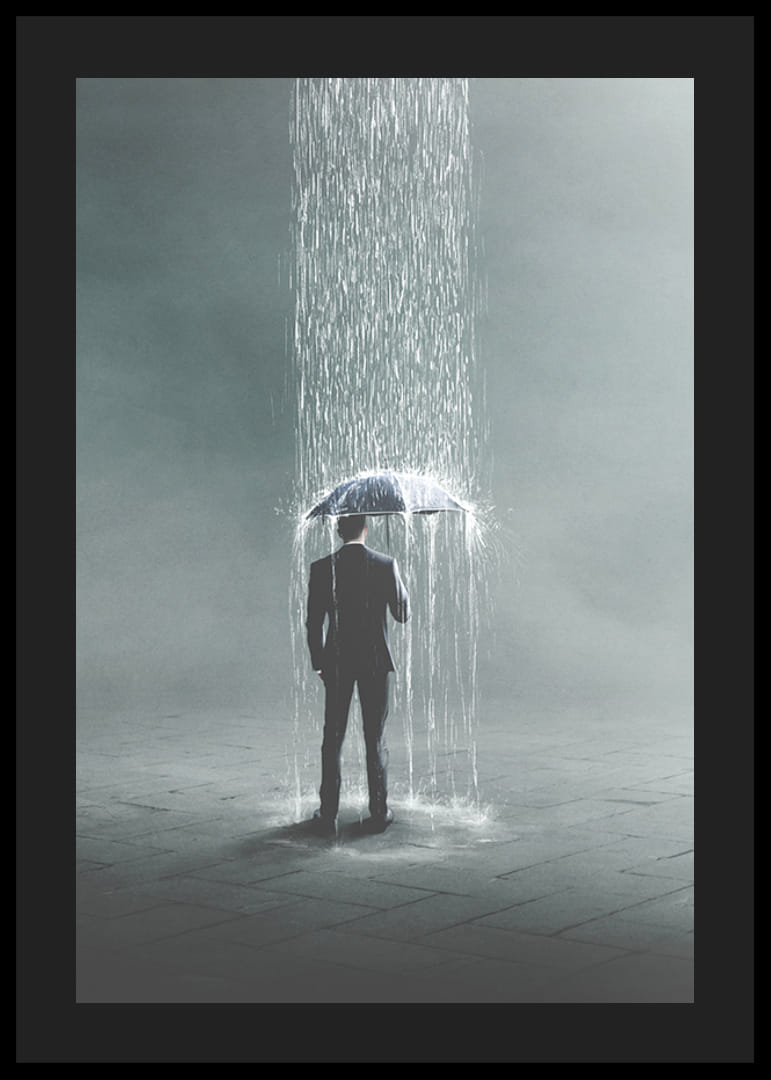 Ilustración surrealista de un hombre con paraguas bajo una fuerte lluvia.-12