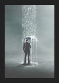 Ilustración surrealista de un hombre con paraguas bajo una fuerte lluvia.-5