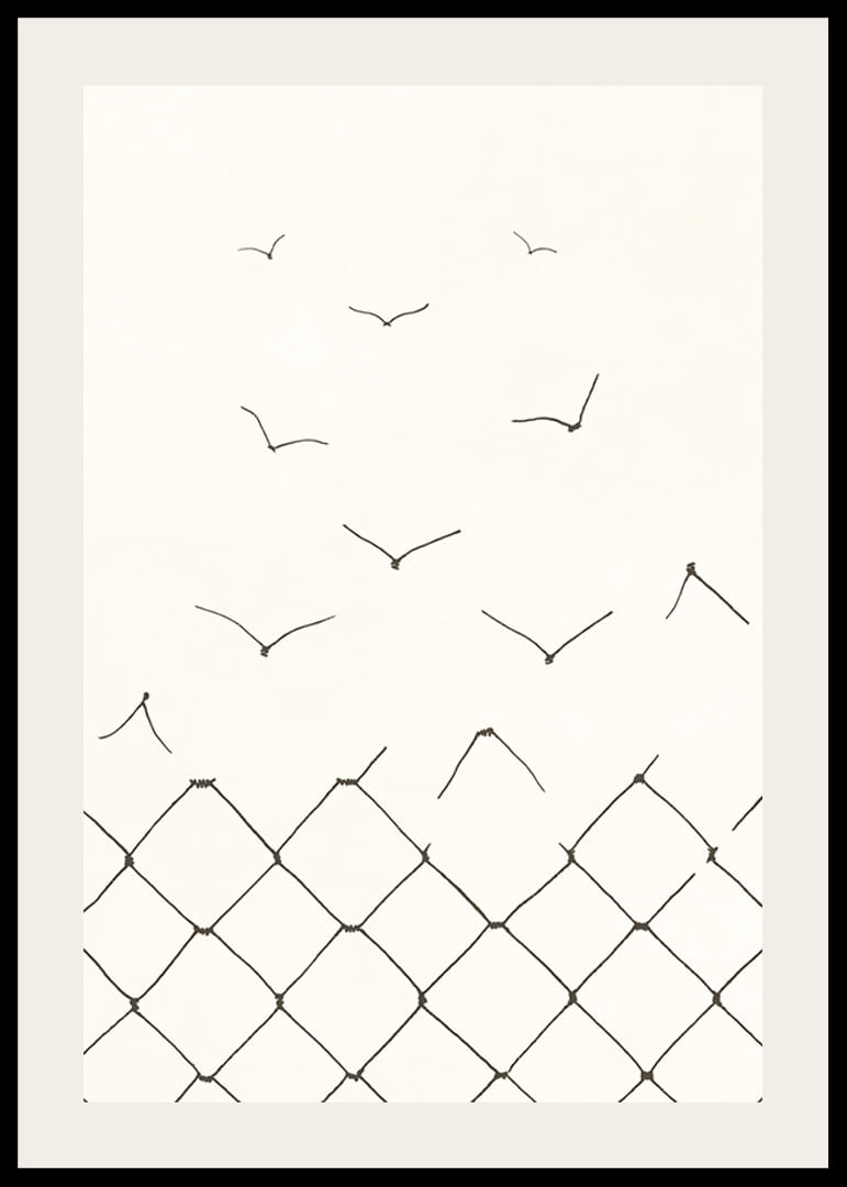 Black and white line drawing of broken fence becoming birds-12