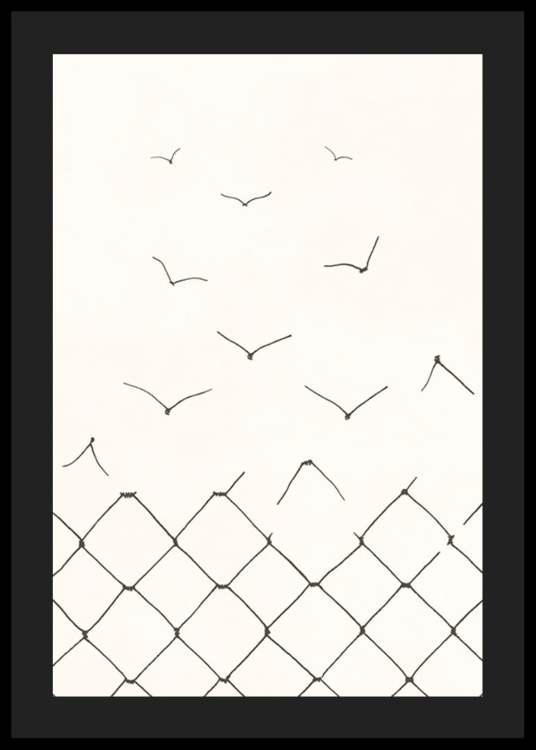 Black and white line drawing of broken fence becoming birds-12