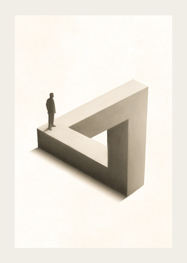 Illustration of Penrose triangle with figure in black and white-12
