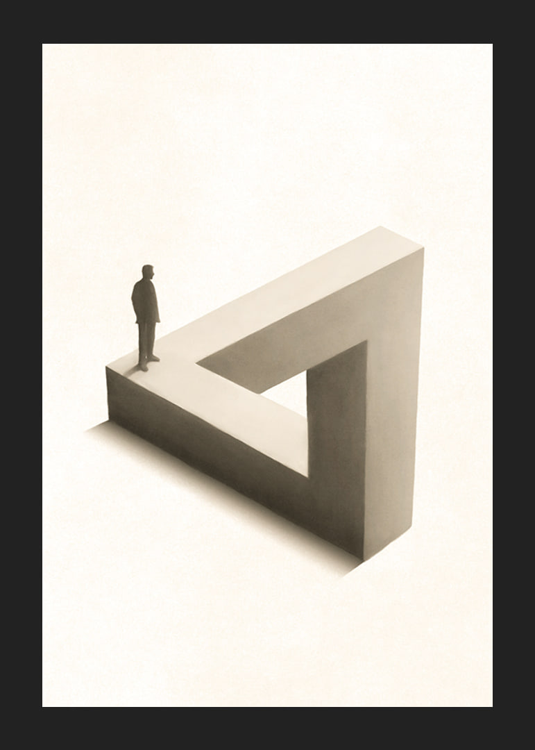 Illustration of Penrose triangle with figure in black and white-12