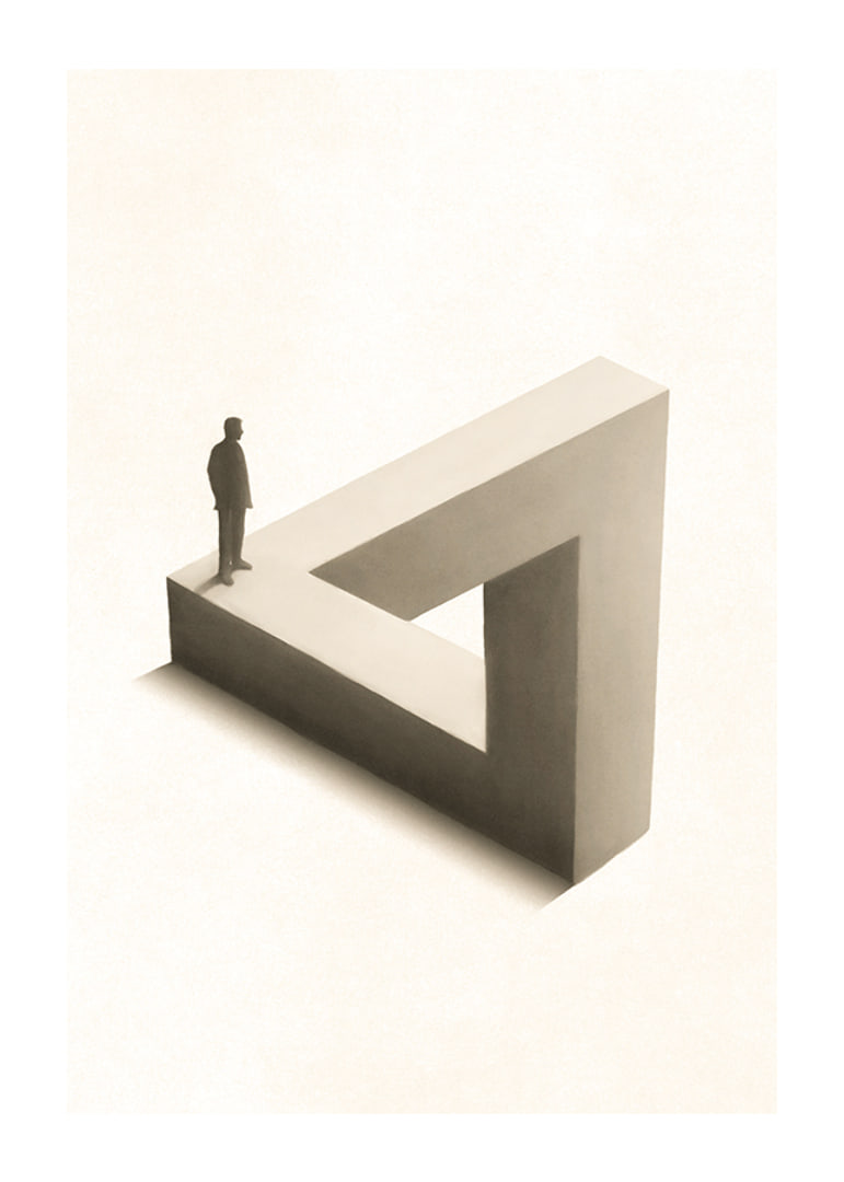 Illustration of Penrose triangle with figure in black and white-12