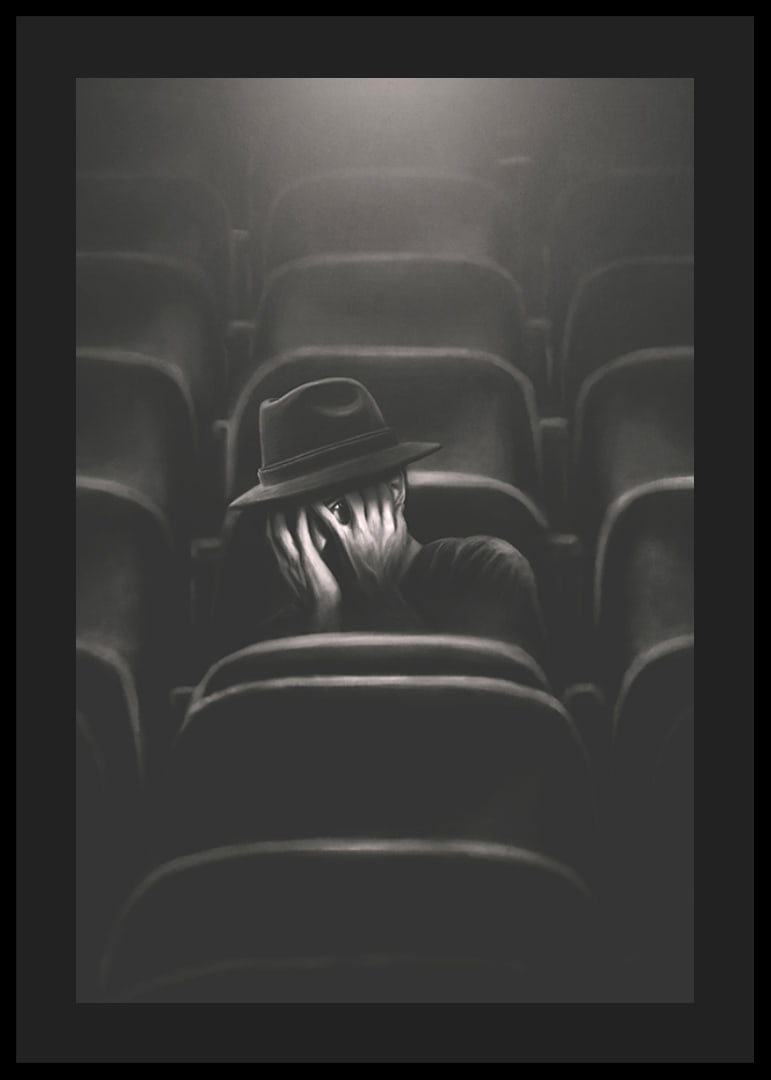 Illustrated man with hat hiding his face in dark cinema hall-12