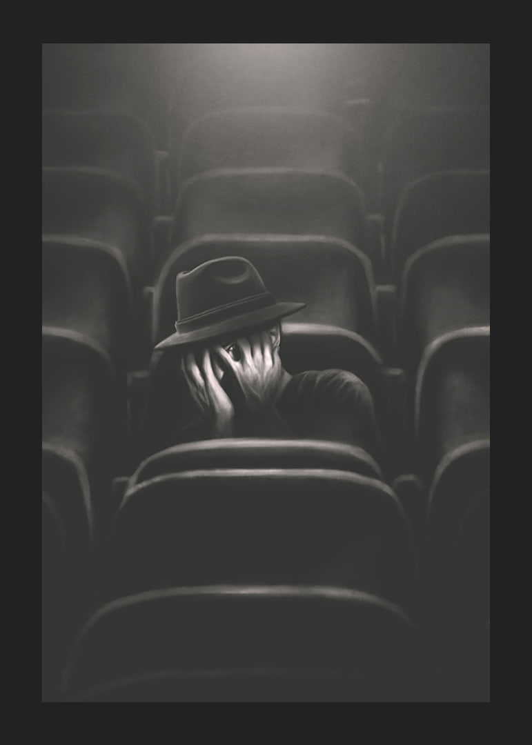 Illustrated man with hat hiding his face in dark cinema hall-12
