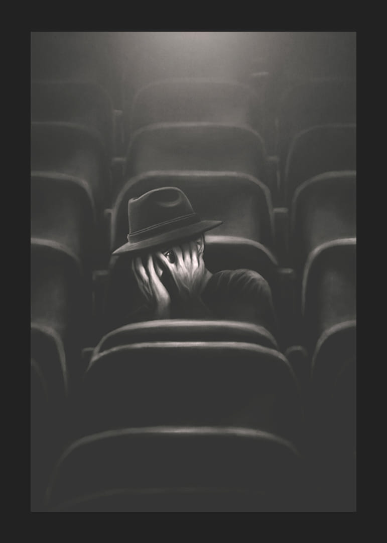 Illustrerad man med hatt gömmer ansiktet i mörk biosalong-12