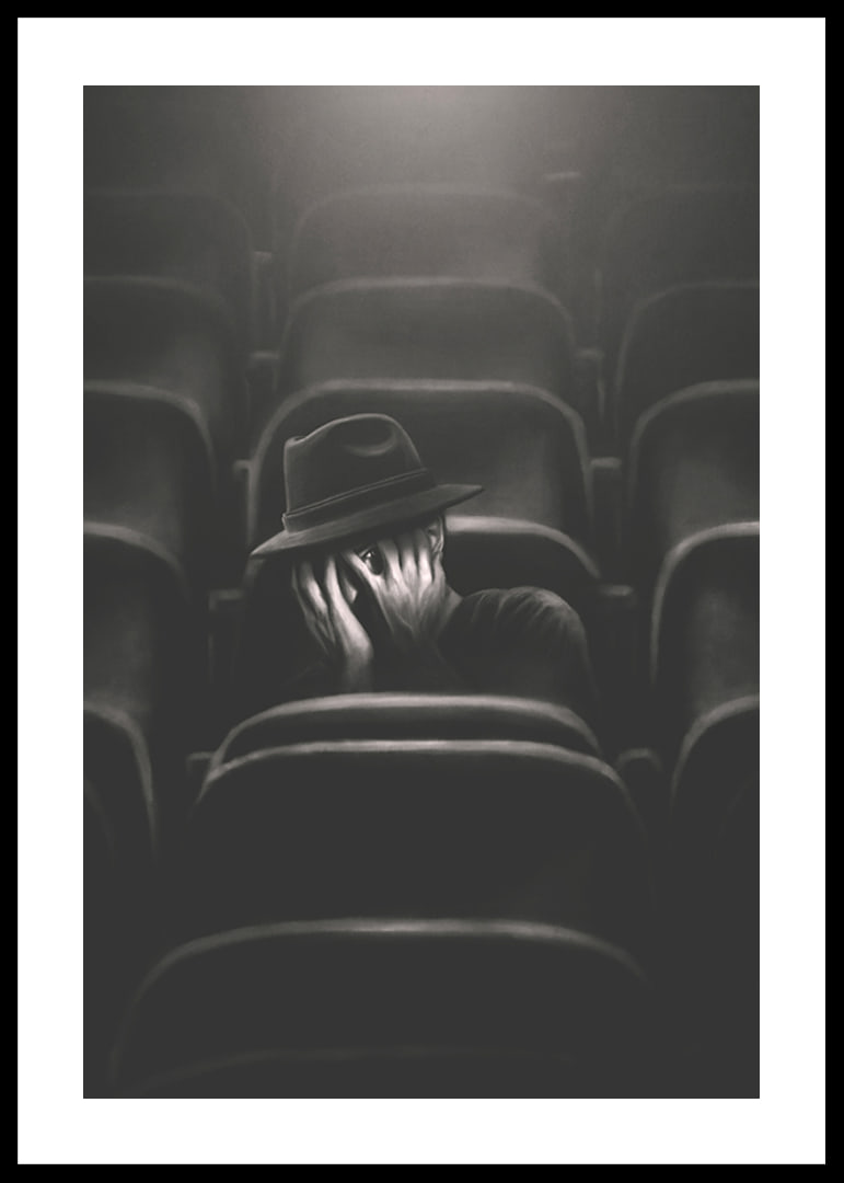 Illustrated man with hat hiding his face in dark cinema hall-12
