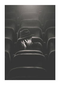Illustrated man with hat hiding his face in dark cinema hall-3
