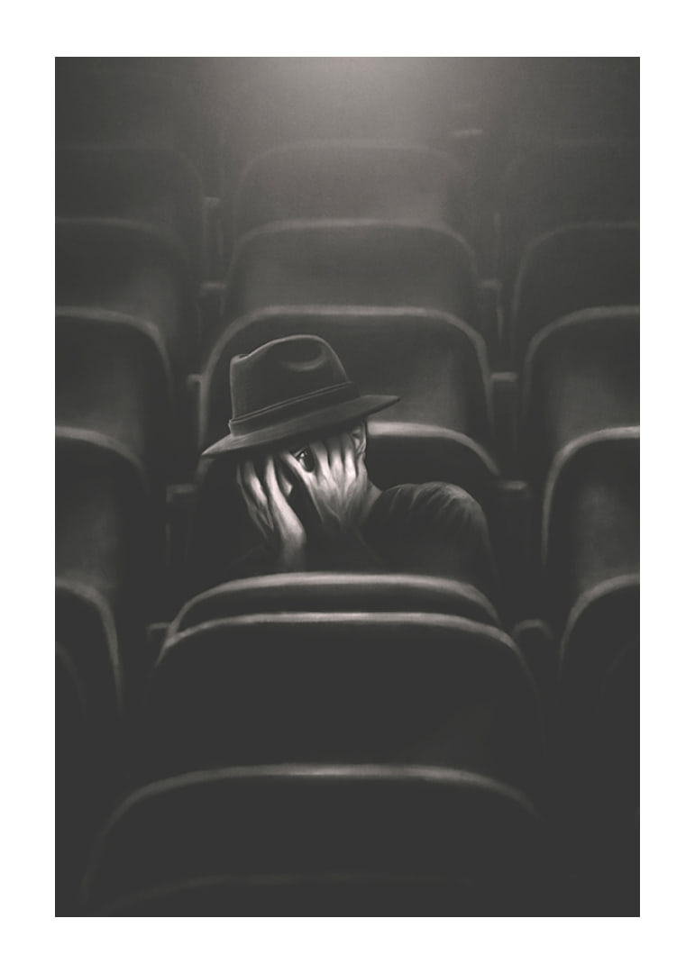 Illustrated man with hat hiding his face in dark cinema hall-12