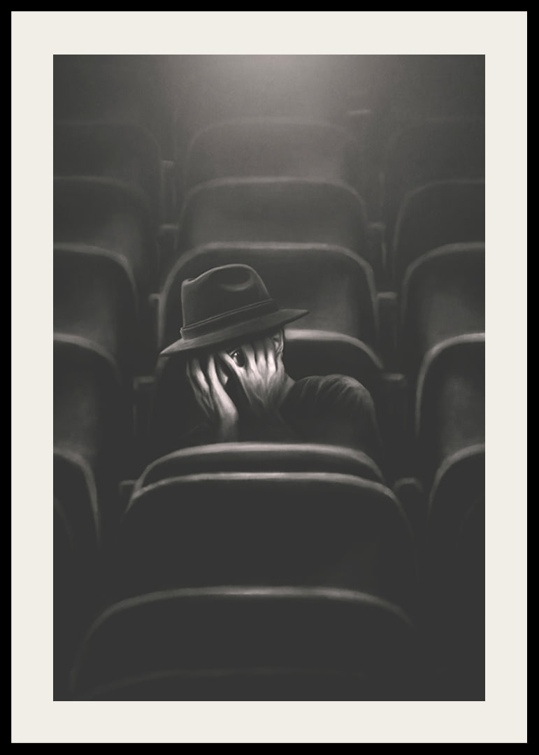 Illustrated man with hat hiding his face in dark cinema hall-12