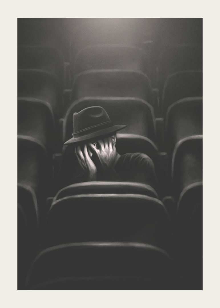 Illustrated man with hat hiding his face in dark cinema hall-12
