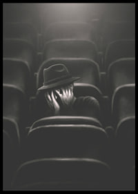 Illustrated man with hat hiding his face in dark cinema hall-6