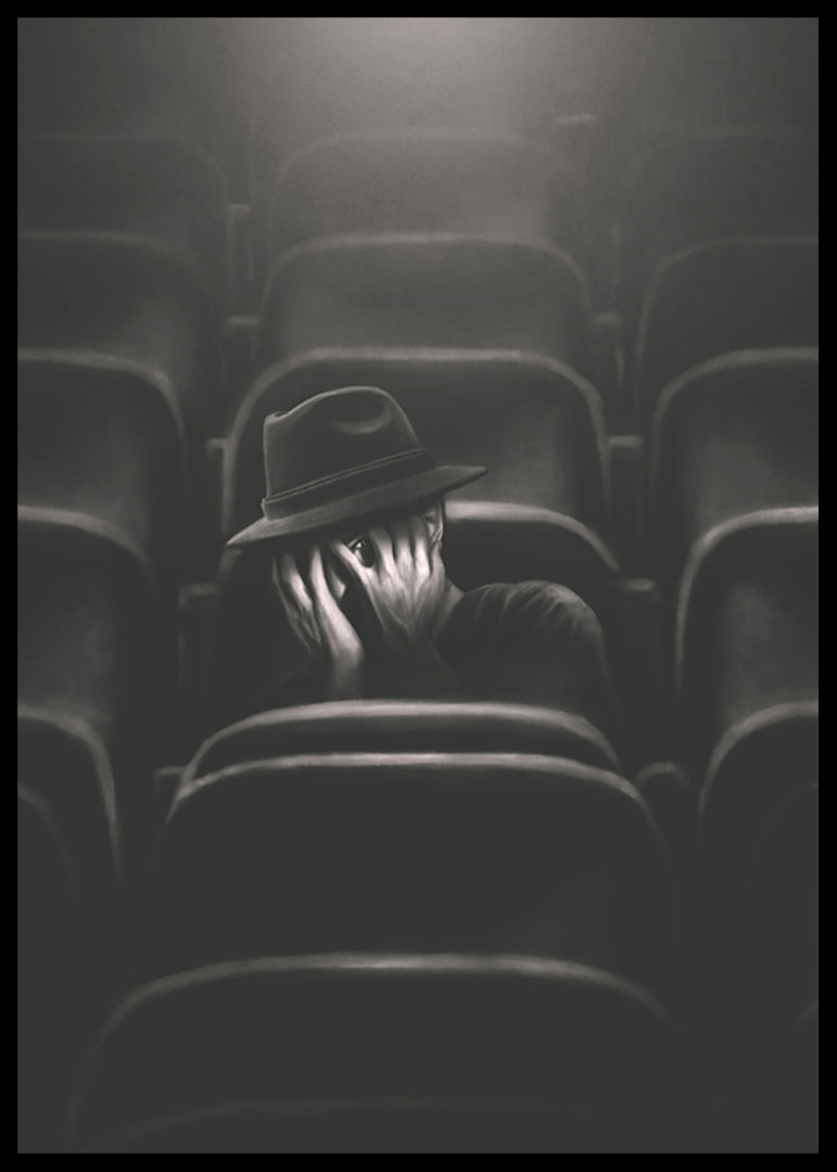 Illustrated man with hat hiding his face in dark cinema hall-12
