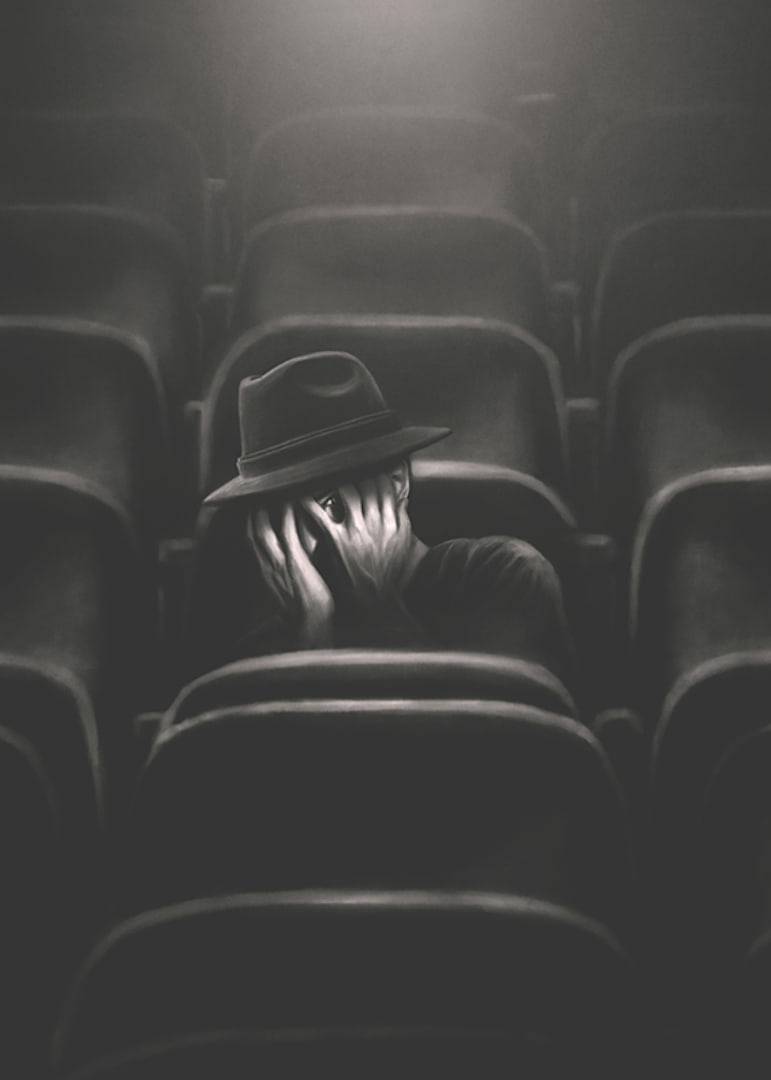 Illustrated man with hat hiding his face in dark cinema hall-12