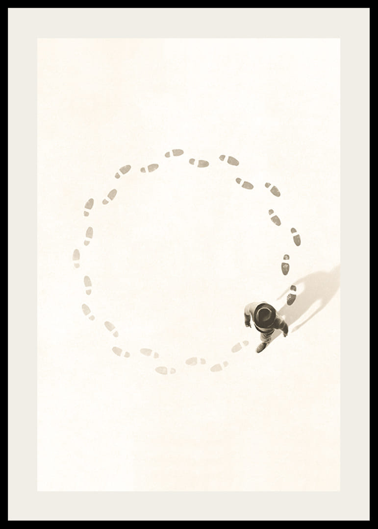 Illustrated man walking in a circle following his own footsteps, beige tone-12