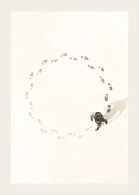 Illustrated man walking in a circle following his own footsteps, beige tone-3