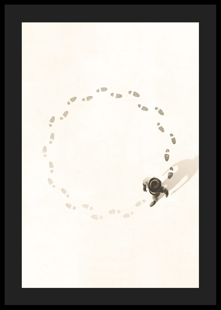 Illustrated man walking in a circle following his own footsteps, beige tone-12