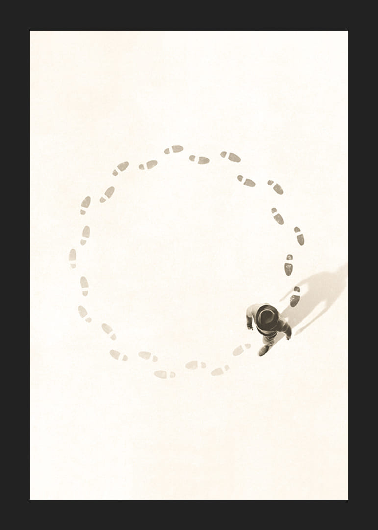 Illustrated man walking in a circle following his own footsteps, beige tone-12