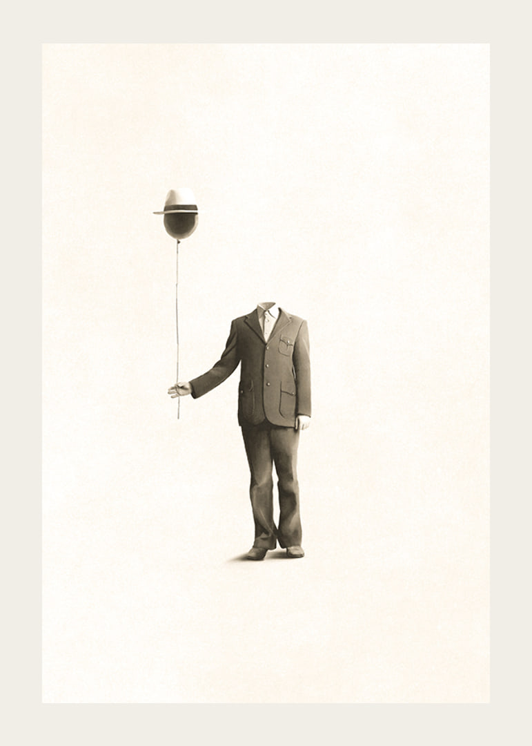 Surrealistisk illustration av huvudlös man med ballong-12