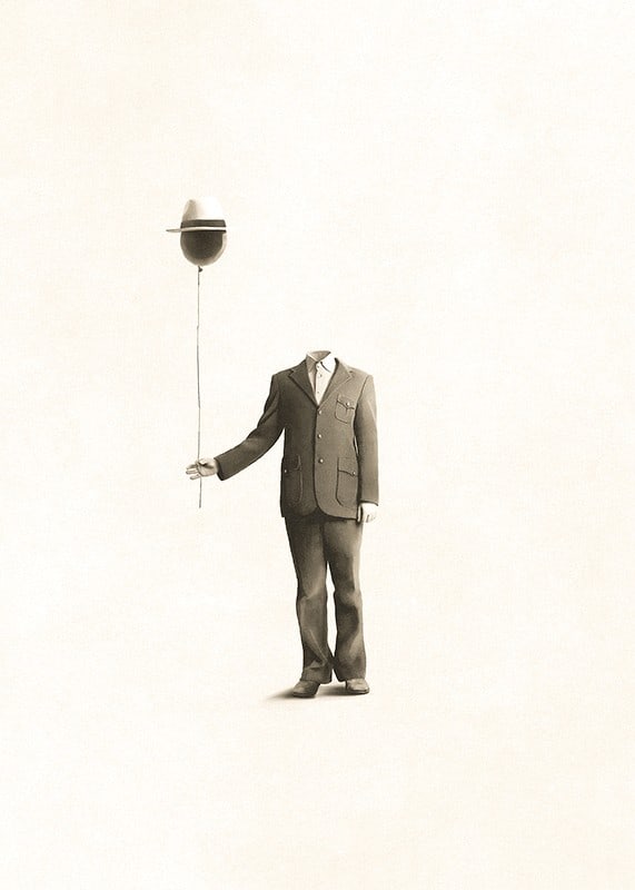 Surrealistisk illustration av huvudlös man med ballong-12